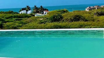 A rooftop pool, sun loungers