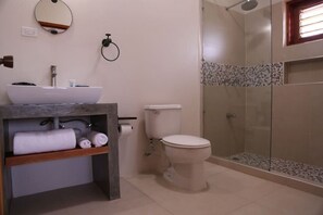 Regadera, secadora de cabello, toallas, jabón 