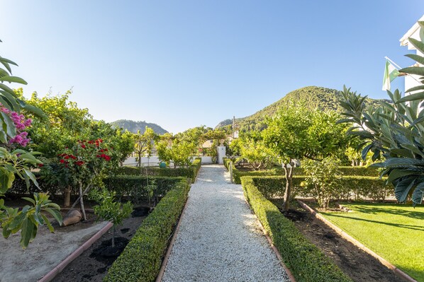 A garden pathway leading to a building with a flag, surrounded by well-maintained hedges and plants.