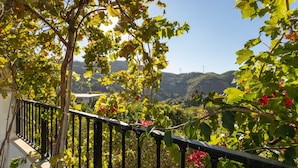 Un balcon doté d’une rambarde en métal, donnant sur un jardin luxuriant et sur des collines lointaines.