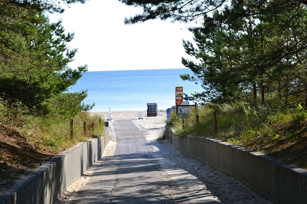 Ein gepflasterter Weg führt zu einem Strand, begleitet von einem Holzzaun und Bäumen.