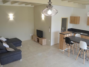 A modern living room with a grey sofa, a TV on a wooden stand, and a dining area with a black table and white chairs.