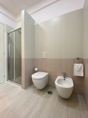 Shower, hair dryer, bidet, towels