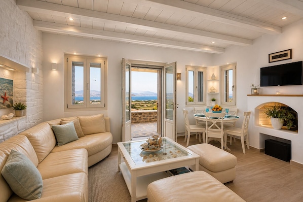 Smart TV, fireplace, books, offices
