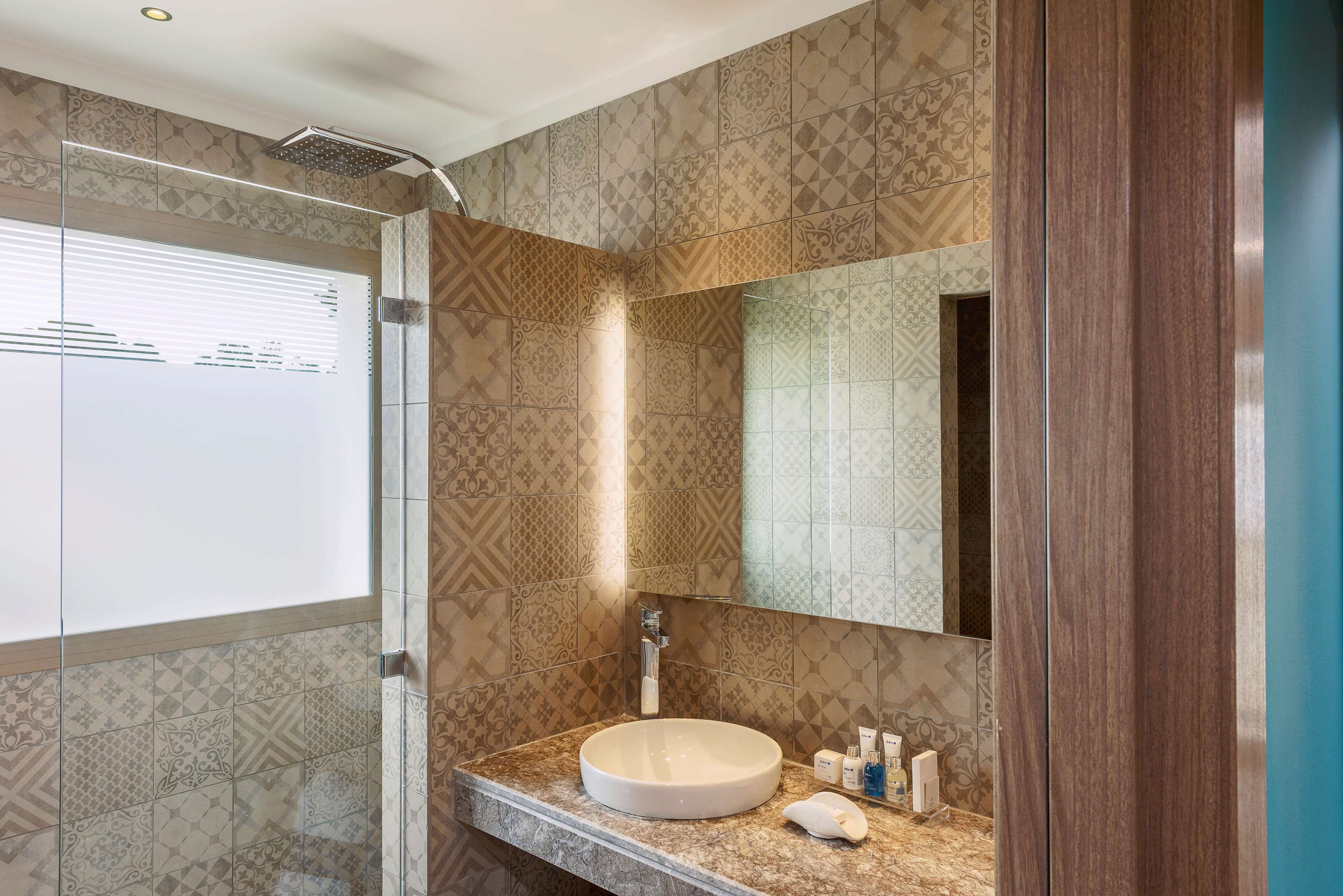 A bathroom with patterned tiles, a round sink, a handheld showerhead, and a mirror.