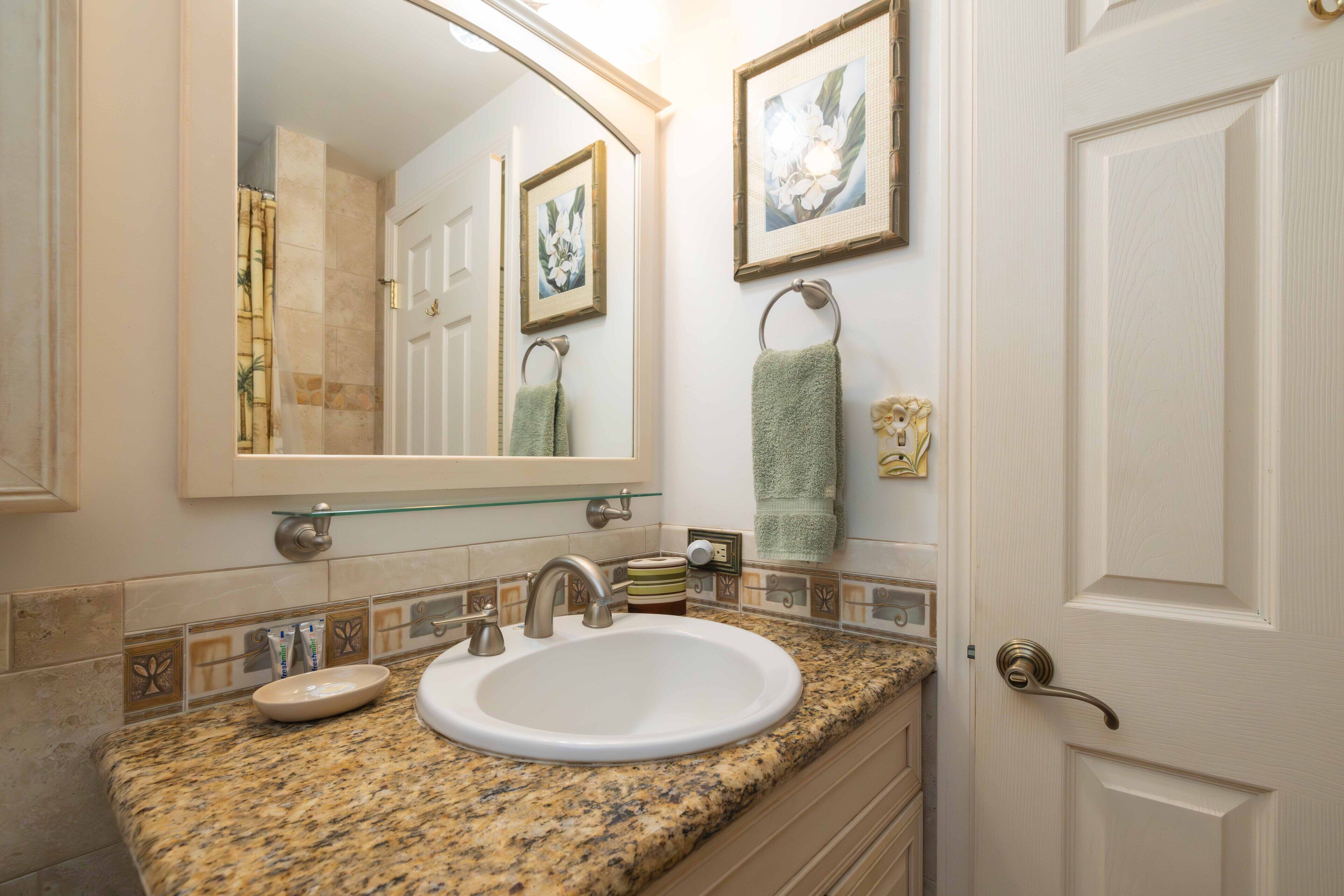 Combined shower/tub, hair dryer, towels