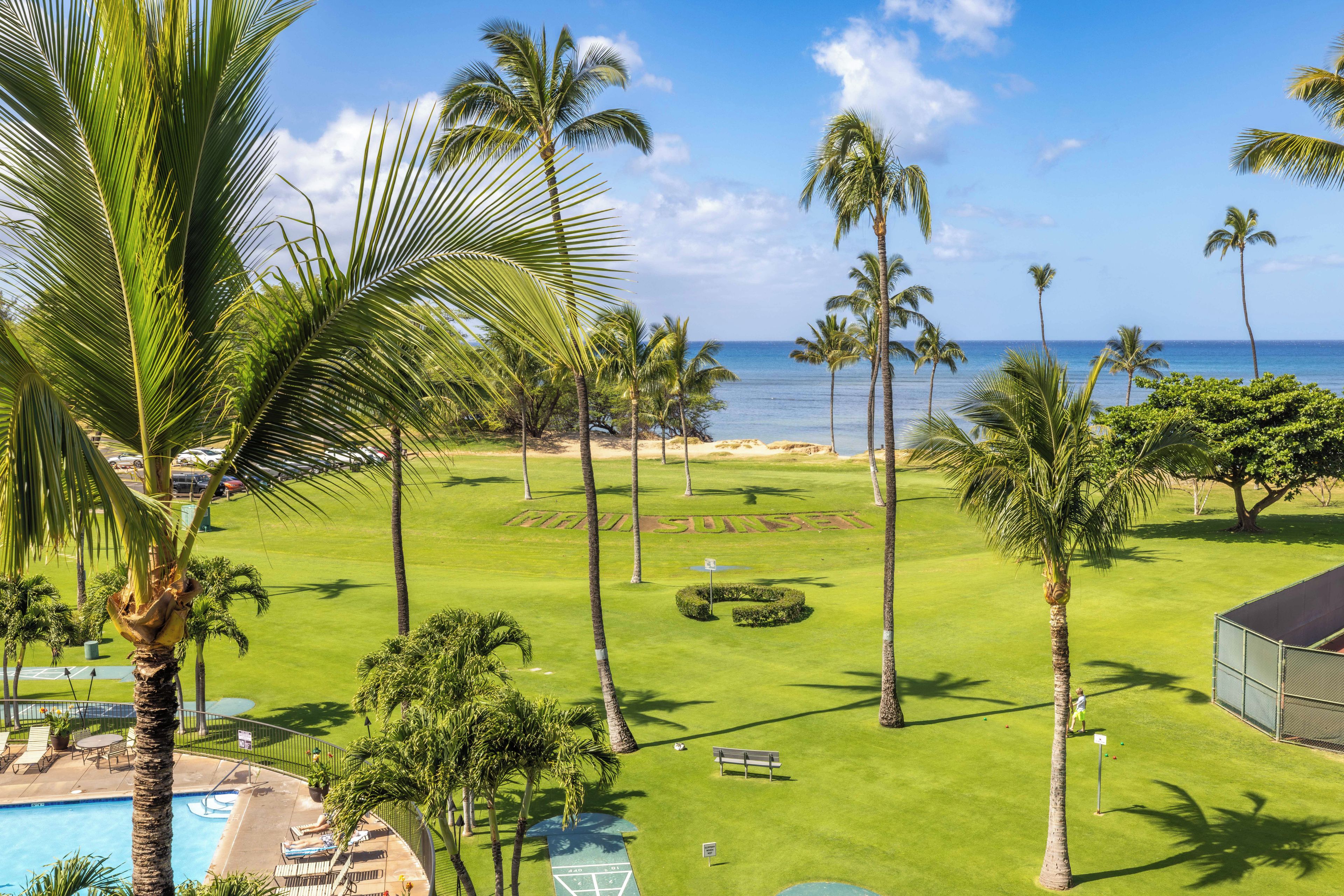 Un parcours de golf doté d’une piscine, de palmiers et offrant une vue sur l’océan.