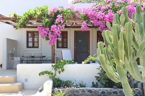 A house with a patio, a cactus, and pink flowers. - Cactus hideaway with sea views (Imerovigli)