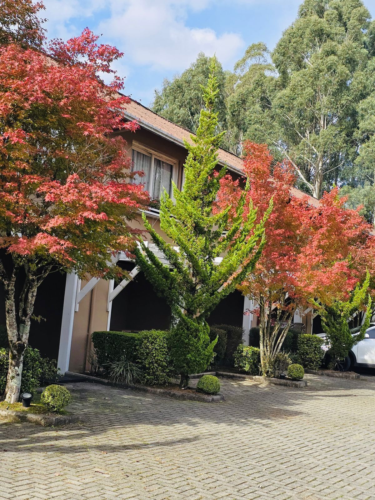 Un edificio con facciata in mattoni, una tettoia e un'area di parcheggio con un'auto.