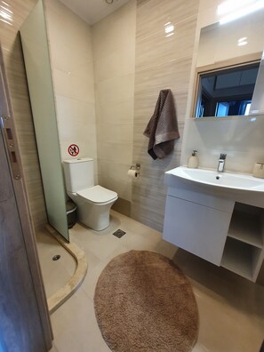 A modern bathroom with a toilet, sink, and mirror. - NEW Villa Sheila with private pool and BBQ. (Rethymno, Crete)