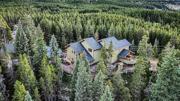Ein zweigeschossiges Haus, umgeben von dichtem Wald, mit einem Bergmassiv im Hintergrund.