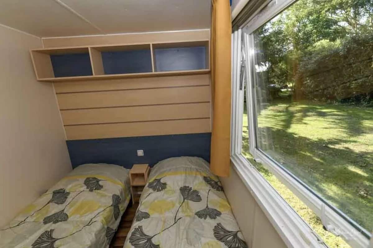 A compact room with two beds, a window with a view of greenery, and built-in shelves.