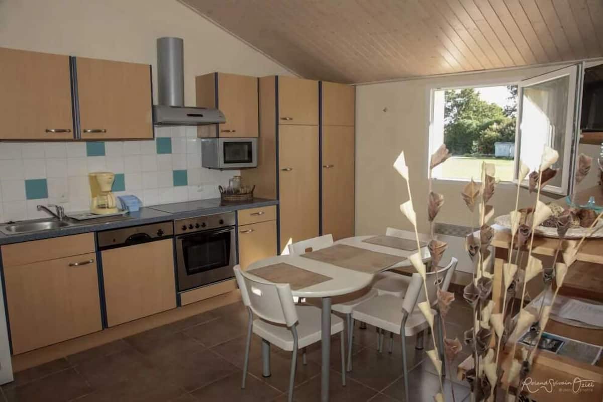 A compact kitchen with a microwave, stove, and sink. There is a dining table with chairs and a decorative plant.