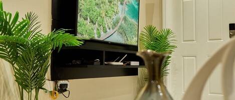 A modern living room with a mounted TV, decorative plants, and a white door.