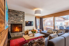 TV connectée, cheminée, lecteur de DVD, livres