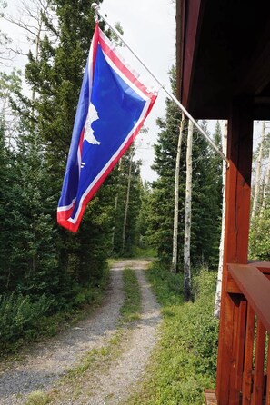 Rakenteesta roikkuva lippu, sorapolkua ja metsäinen alue.