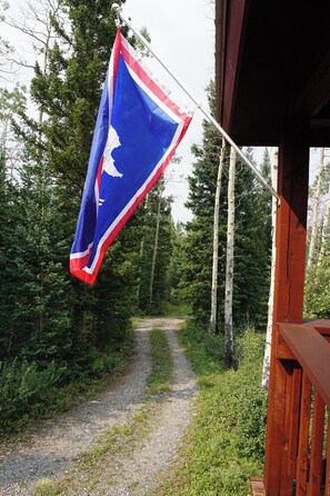 A flag on a pole in a forested area with a gravel path. - Beautiful Mountain Cabin near Tetons Yellowstone (Dubois)