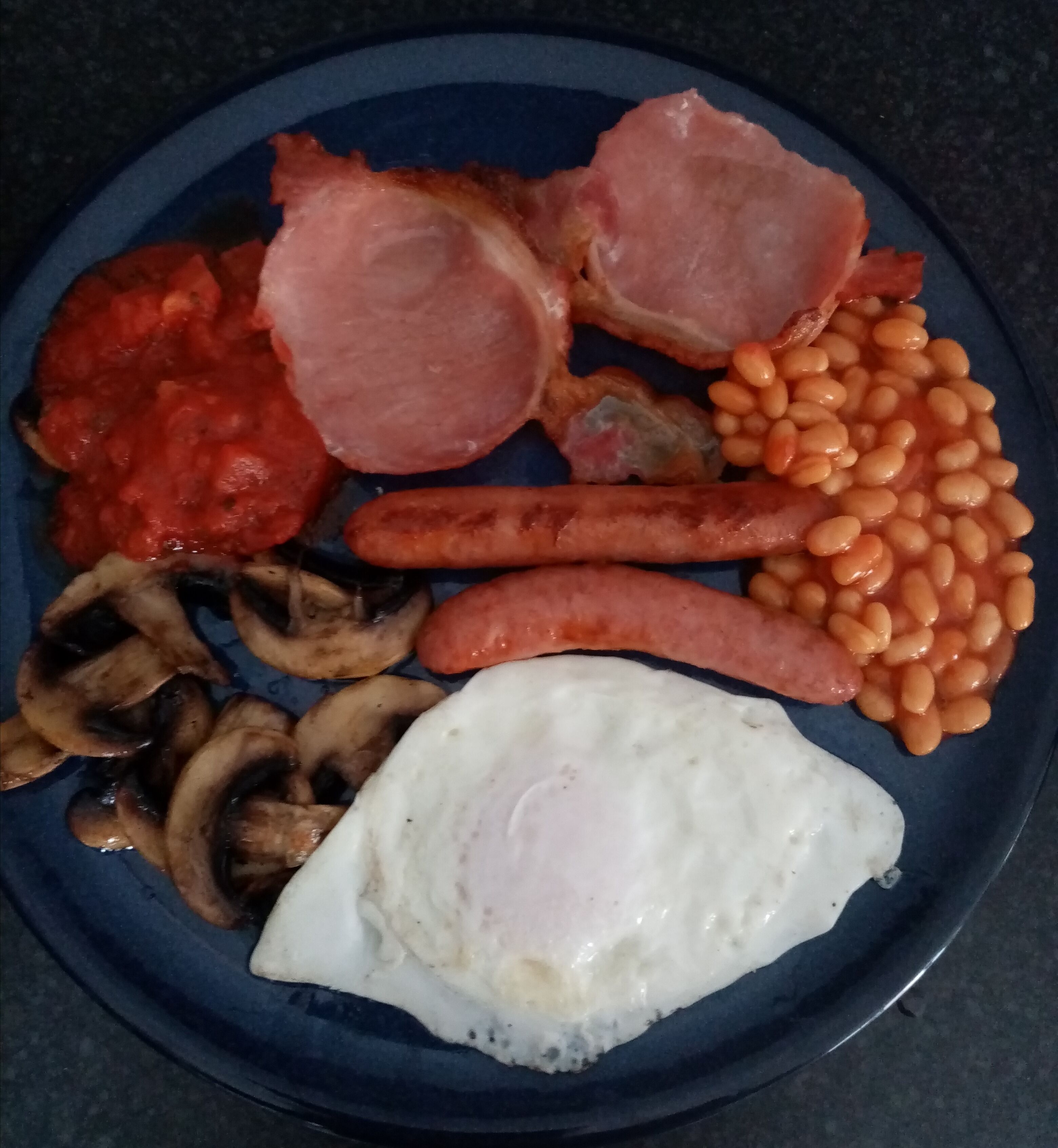 A plate with various breakfast items including sausages, beans, ham, mushrooms, and a fried egg.