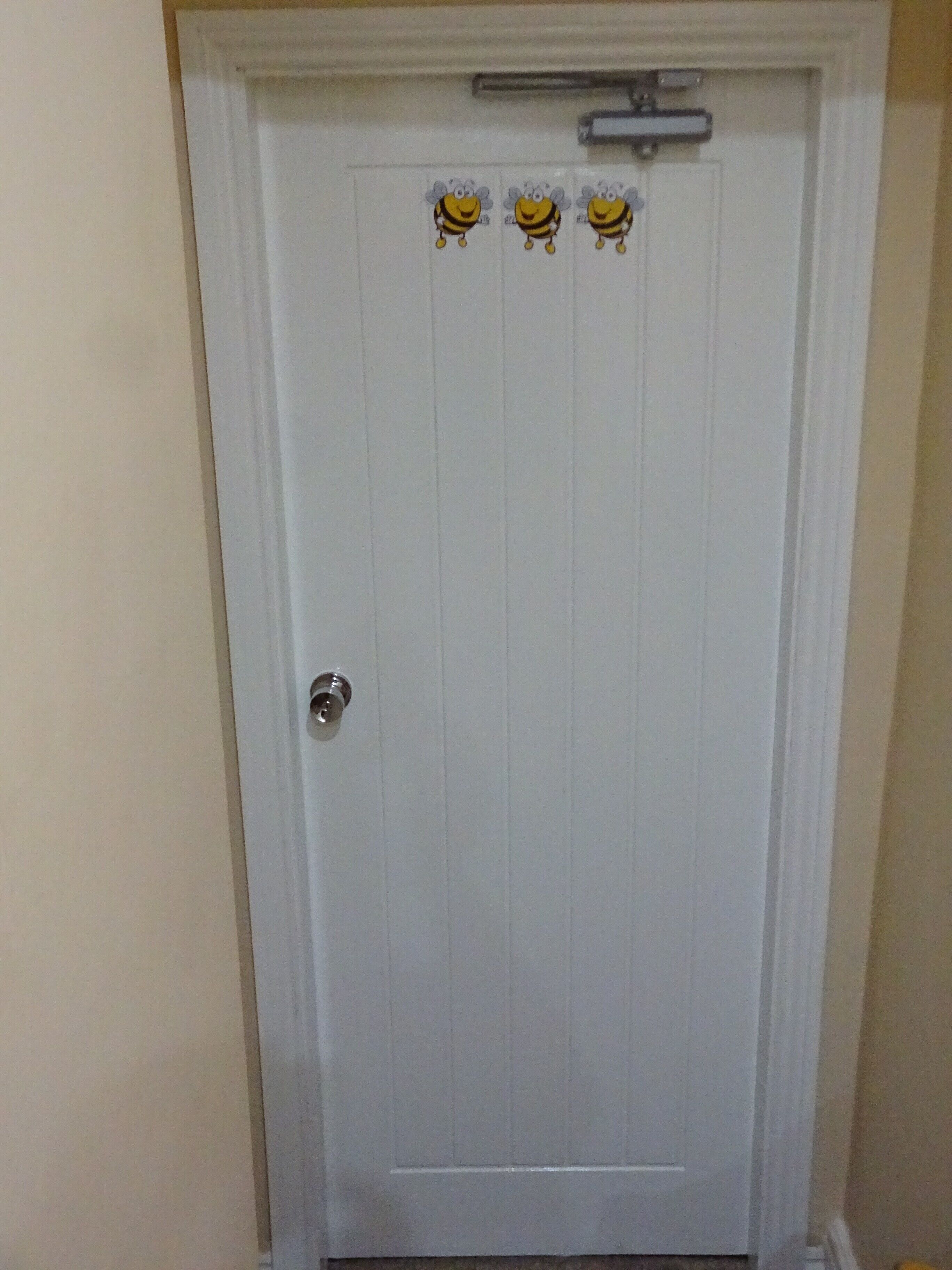 A white door with a silver handle and a small metal plate above it.