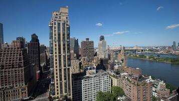 A cityscape with high-rise buildings, a river, and a clear sky.