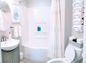 Ensemble baignoire-douche, séchoir à cheveux, serviettes fournies, savon