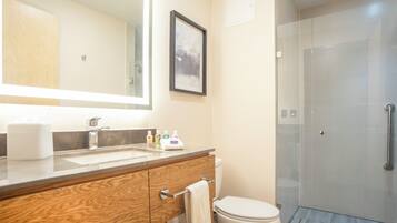 A bathroom with a wooden vanity, a large mirror, a framed picture, a toilet, and a glass-enclosed shower.