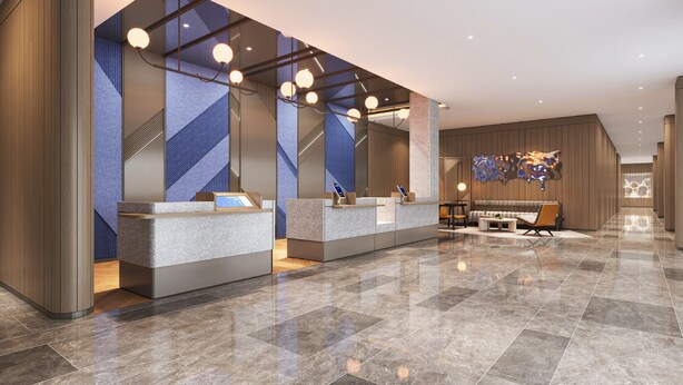 A modern reception area with a reception desk, seating, and a decorative wall. - Holiday Inn Express Shanghai Pujiang Lianhang Rd M (Shanghai)