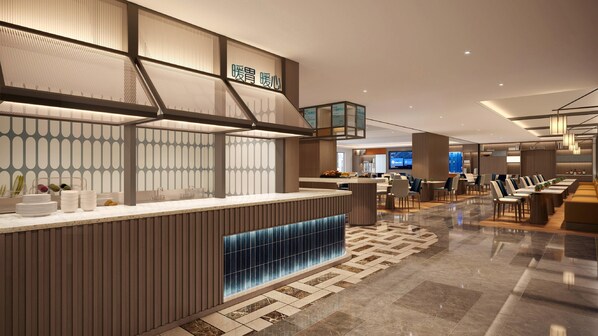 A modern hotel lobby with a reception desk, seating area, and a TV screen. - Holiday Inn Express Shanghai Pujiang Lianhang Rd M (Shanghai)