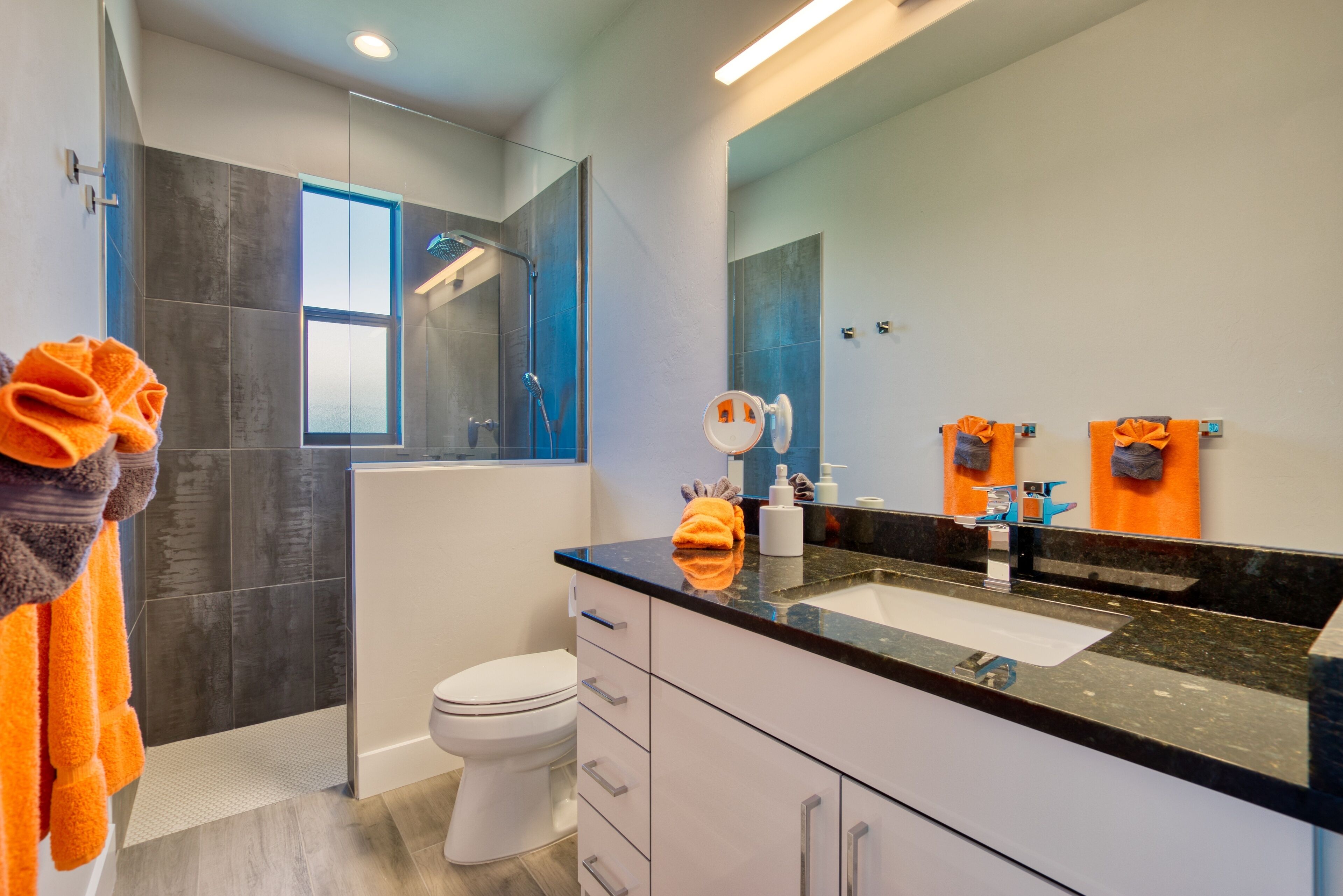 Een moderne badkamer met een douchecabine van glas, een wit toilet en een zwart aanrechtblad met een wastafel.