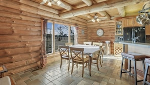 A log cabin interior with a dining area, kitchen, and large windows. - special offers: 20% off all winter bookings,10% discount for early reservations. (Baltimore)