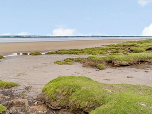 Een strand met groene, met mos begroeide rotsen en een zandstrand.