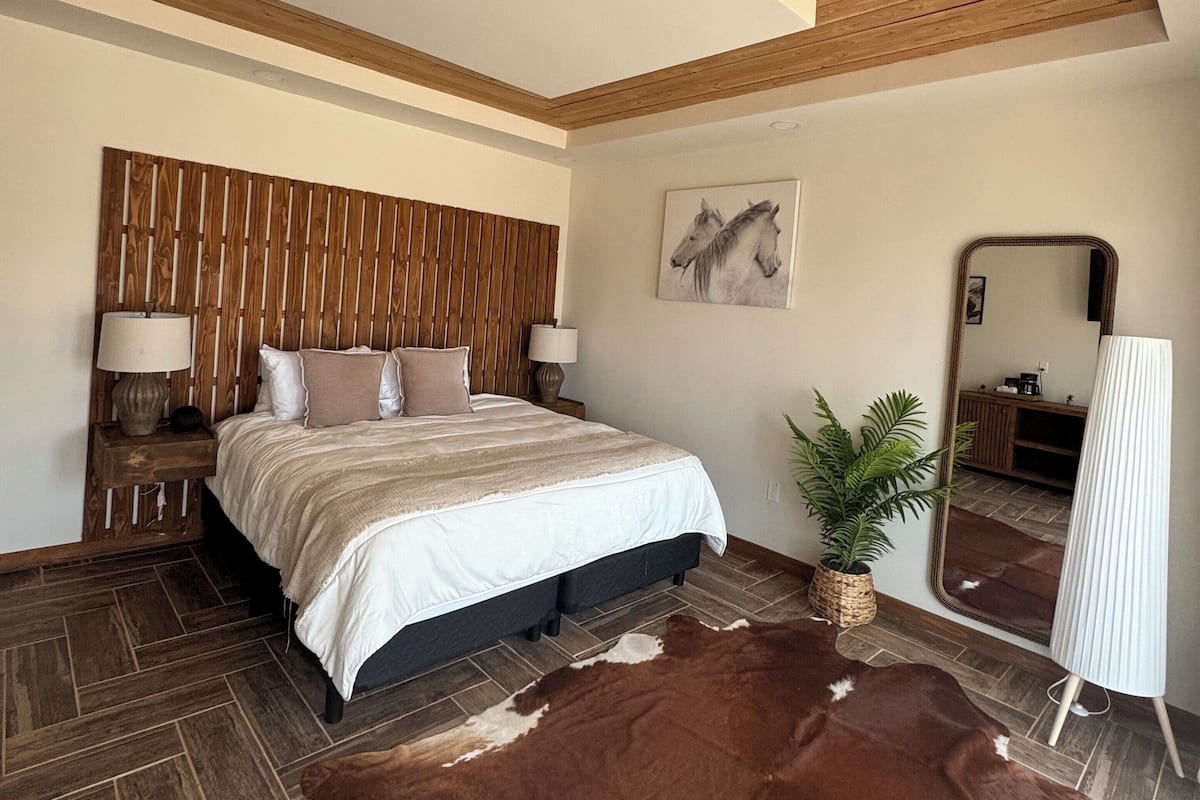 A bedroom with a wooden headboard, a large bed, a mirror, a potted plant, and a cowhide rug.