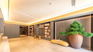 Un hall d’hôtel moderne, agrémenté d’une grande plante en pot, de tabourets en bois et d’un plafond bien éclairé.