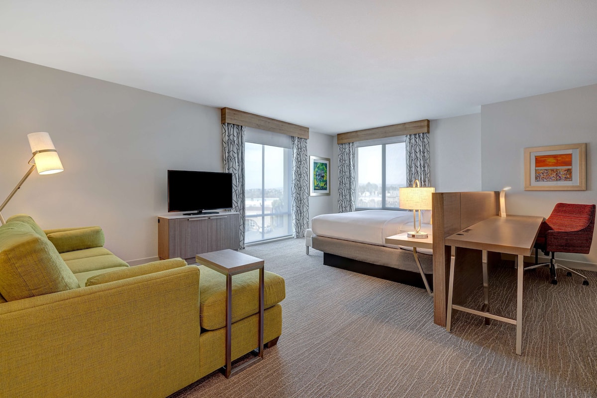 A hotel room with a sofa, a bed, a desk, a TV, and large windows.
