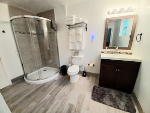 Ensemble douche/baignoire, sèche-cheveux, serviettes fournies, savon