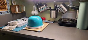 Fridge, microwave, coffee/tea maker, electric kettle
