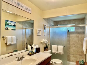 Shower, hair dryer, towels
