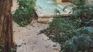 A tranquil garden with a water feature, stone pathways, and lush greenery. - TreeHouse Boutique Hotel - Adults Only  (Mérida)