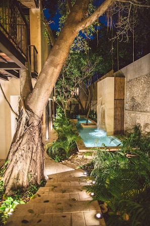 A nighttime outdoor area with a water feature, a tree, and a stone pathway. - TreeHouse Boutique Hotel - Adults Only (Mérida)