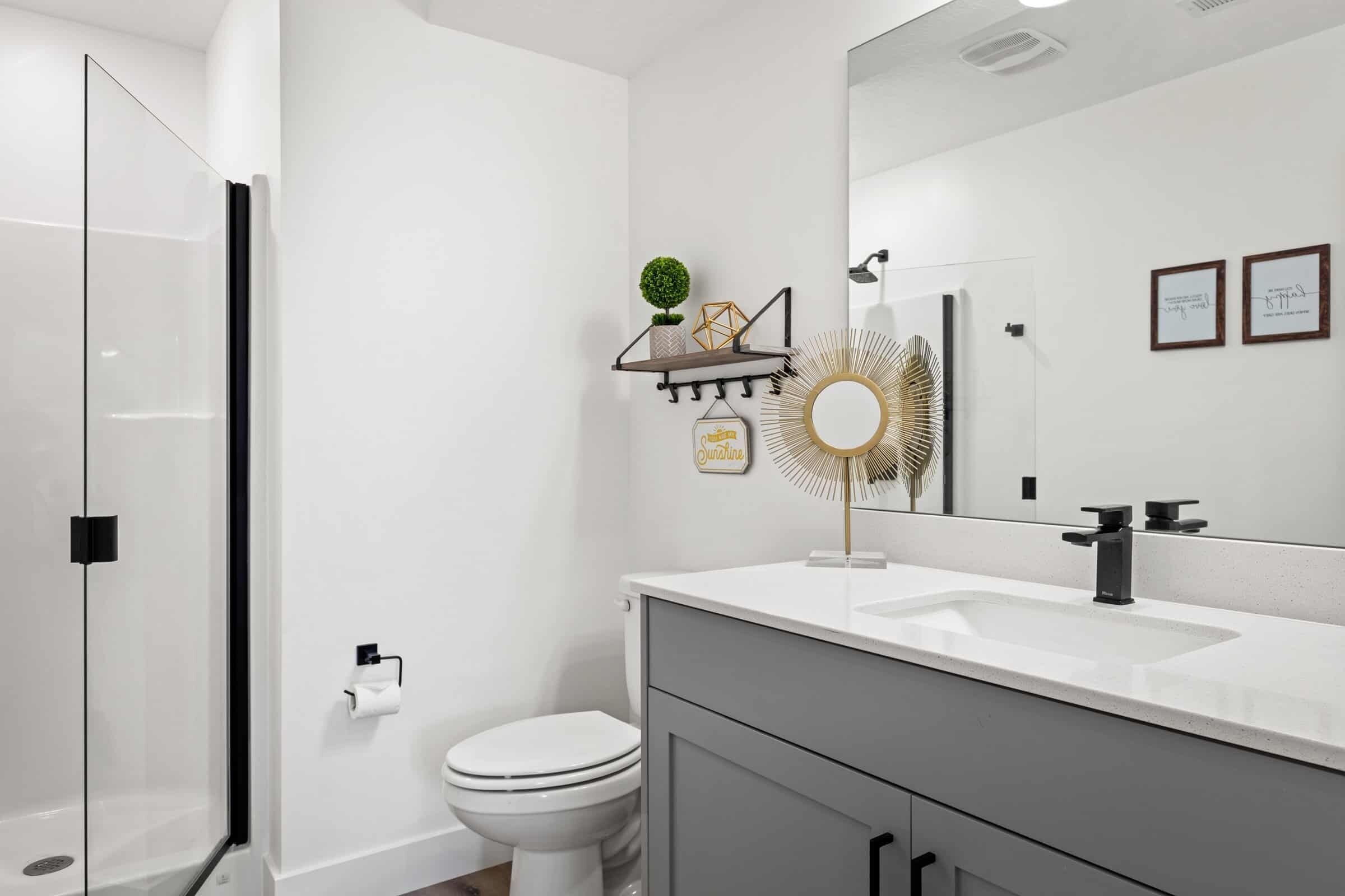 Een moderne badkamer met een douchecabine van glas, een wit toilet, een wastafel met een grote spiegel en decoratieve items aan de muur.