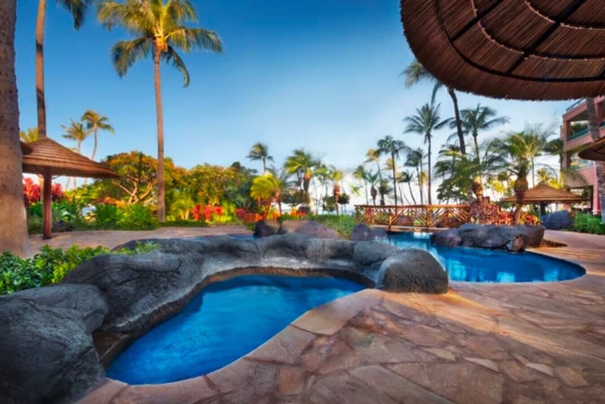Un área de piscina con formaciones rocosas y palmeras.
