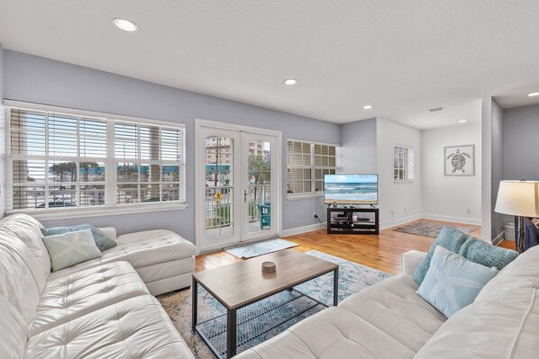 Smart TV, fireplace, video games, DVD player