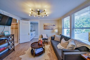 Smart TV, fireplace, DVD player, books