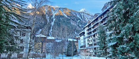 A snow-covered landscape with a mountain in the background, a building with multiple floors, and several trees.