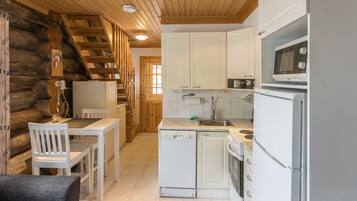 Fridge, microwave, dishwasher, cookware/dishes/utensils
