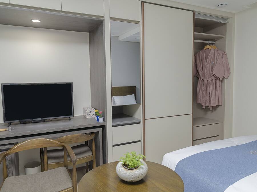 A hotel room with a bed, a desk with a TV, a chair, a small table with a plant, and a wardrobe with clothes hanging inside.