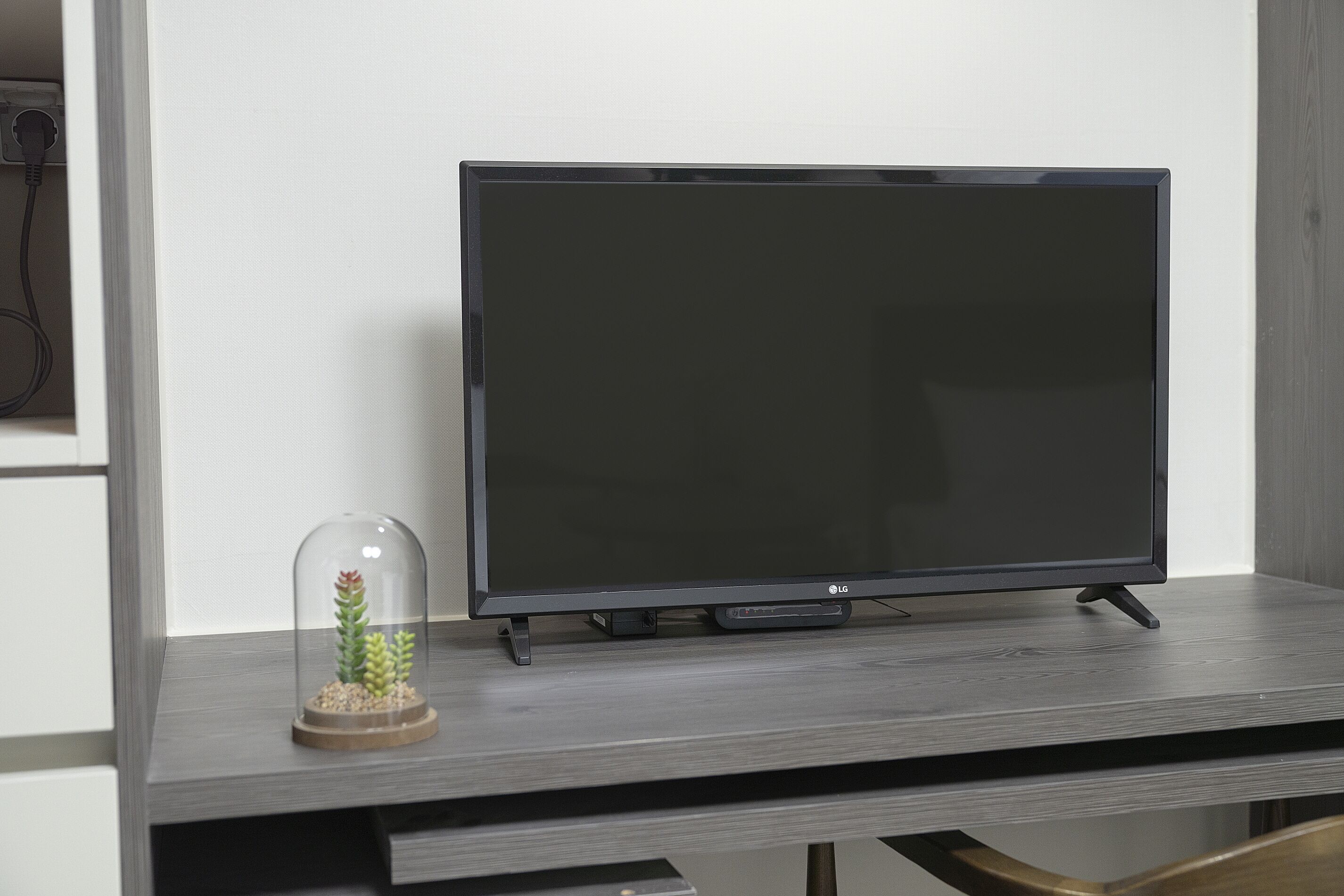 A flat-screen TV on a wooden desk with a clear glass dome containing a cactus.