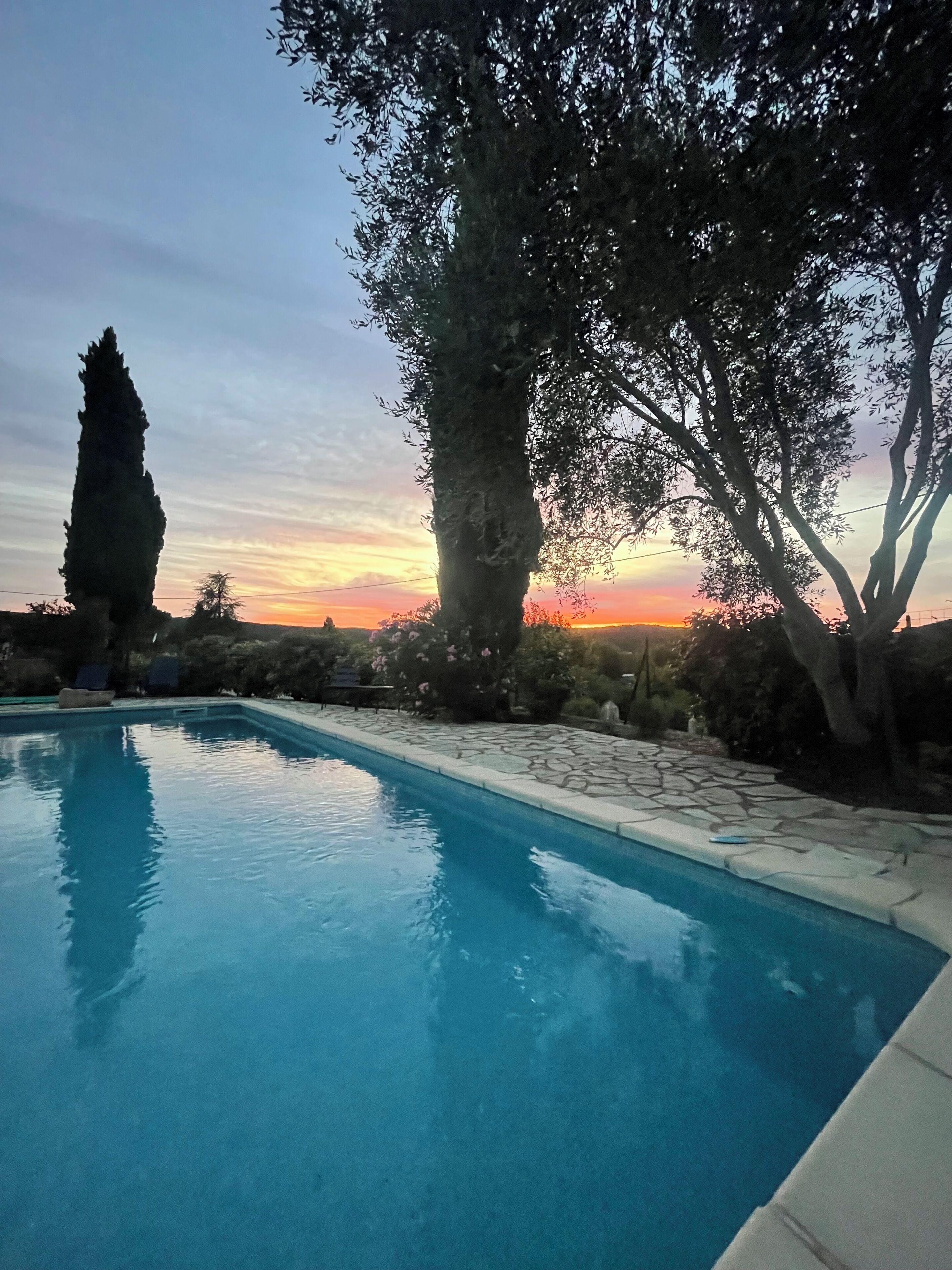 Ein Swimmingpool mit Steinbord, umgeben von Bäumen und blauem Himmel.