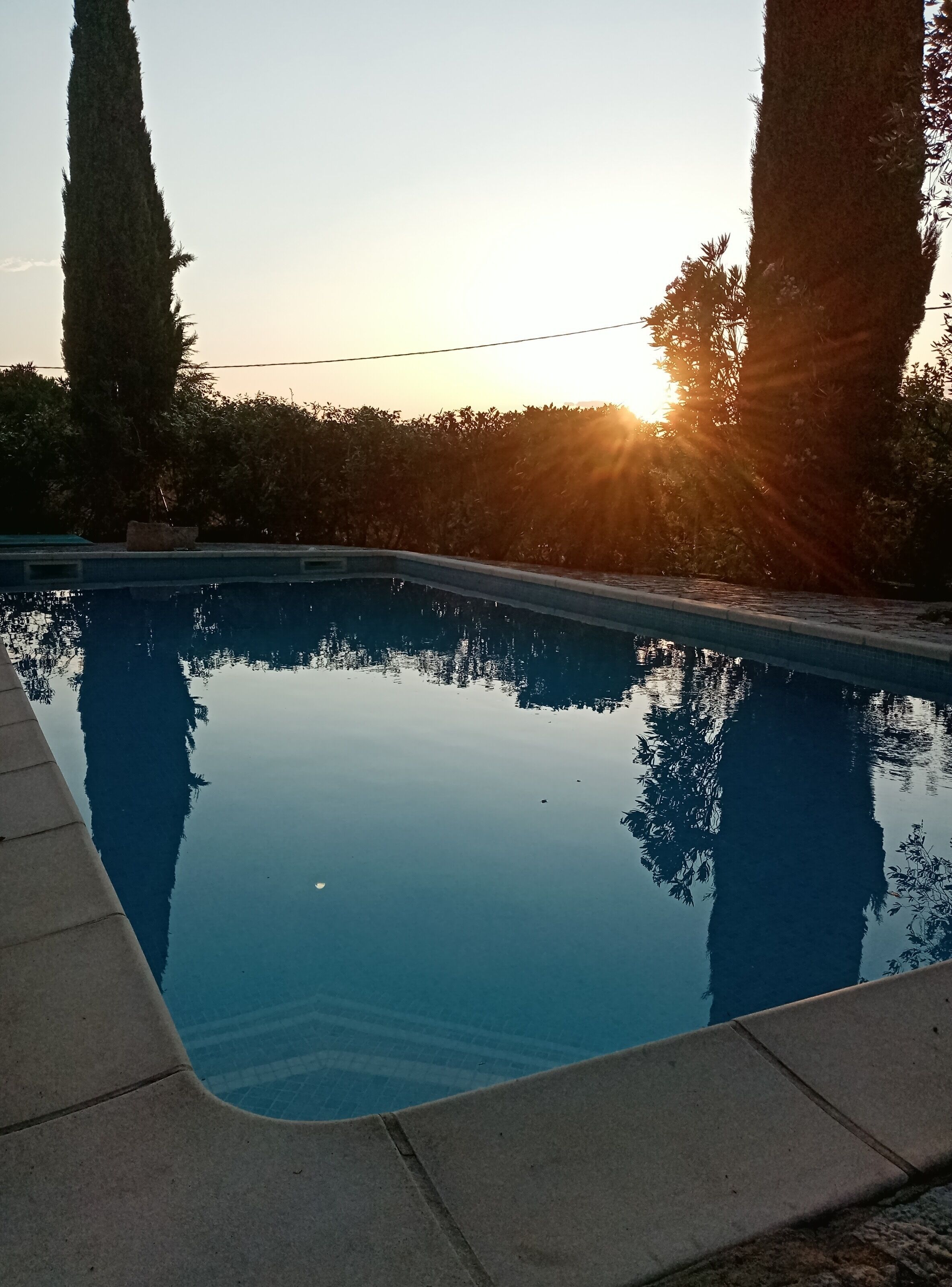 Ein Schwimmbecken mit klarem Wasser, das Bäume und den Himmel spiegelt.