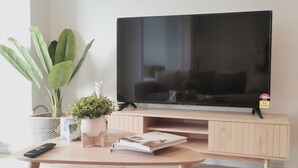 En moderne stue med et stort fladskærms-tv på et træstel, et lille bord med en fjernbetjening, en potteplante og et par bøger.